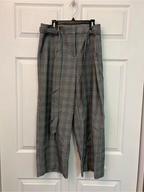 LOFT Gray Plaid Straight-Leg Tie-Waist Pants